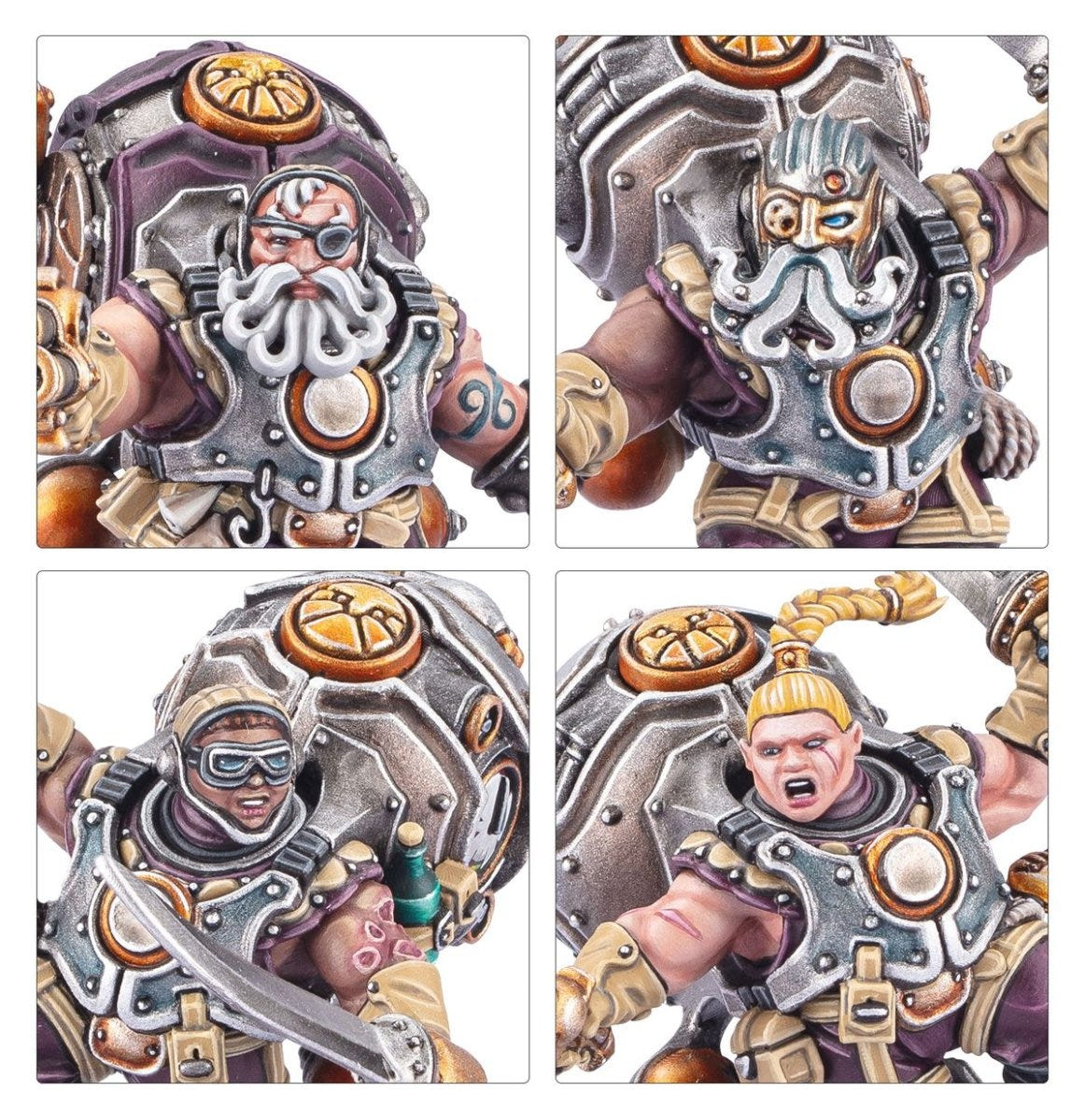 Close-ups of painted Vongrim Harpoon Crew faces with beards and helmets