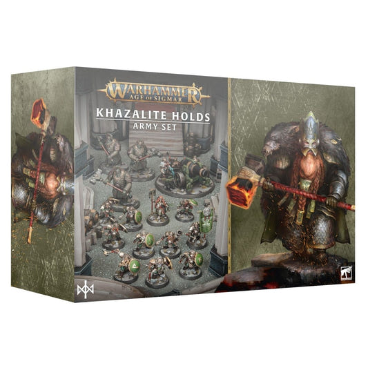 Warhammer 5th Edition Games Workshop Khazalite Holds Army Set box, featuring painted miniature figures and a large warrior figurine on the front and side packaging.