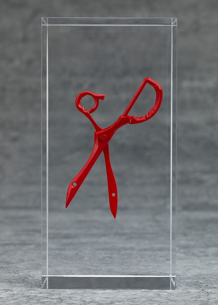 Combined red Scissor Blade part displayed inside a clear acrylic case