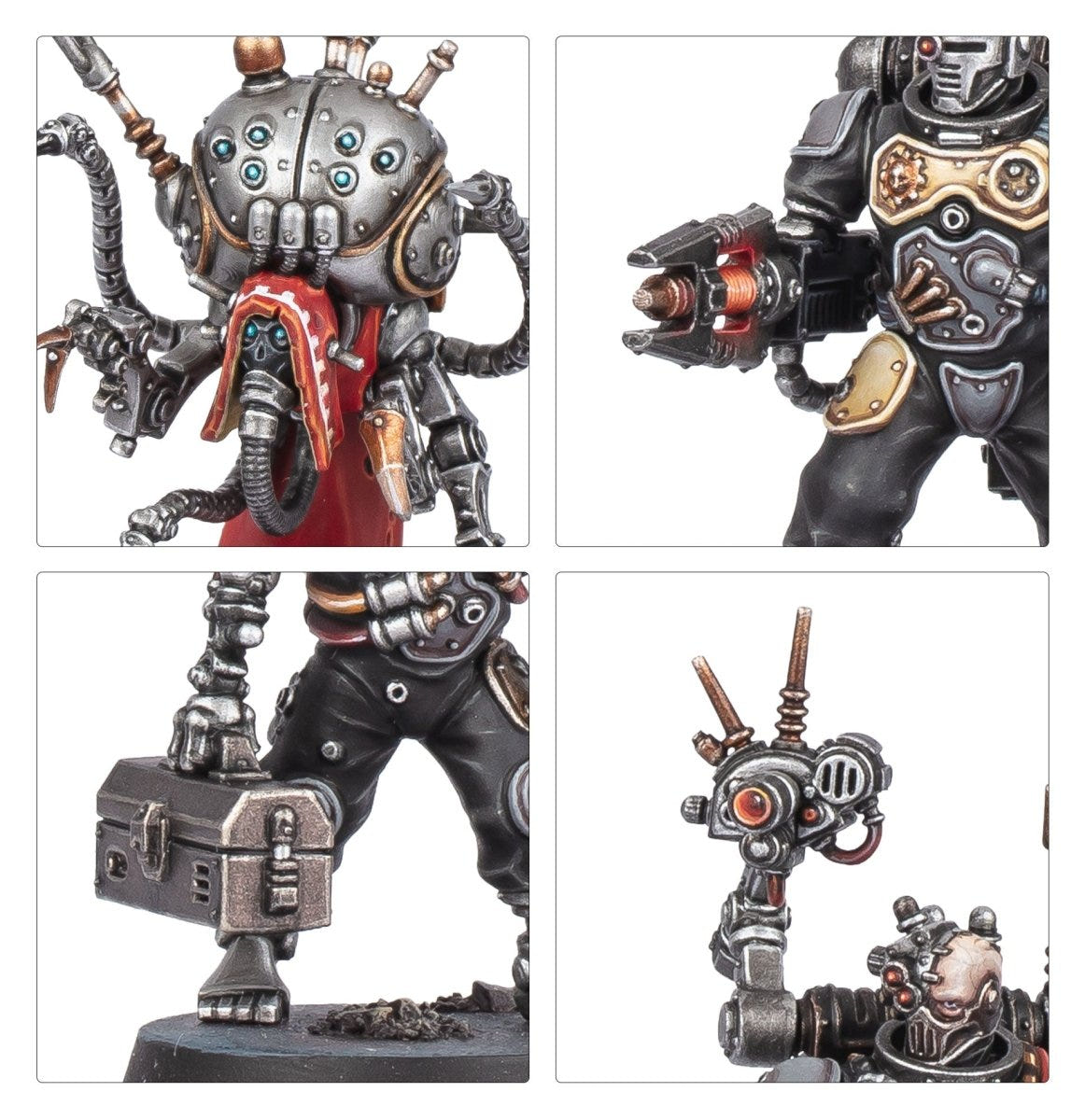 Close-ups of Battleclade servitor weapons, tools and a domed augmetic head