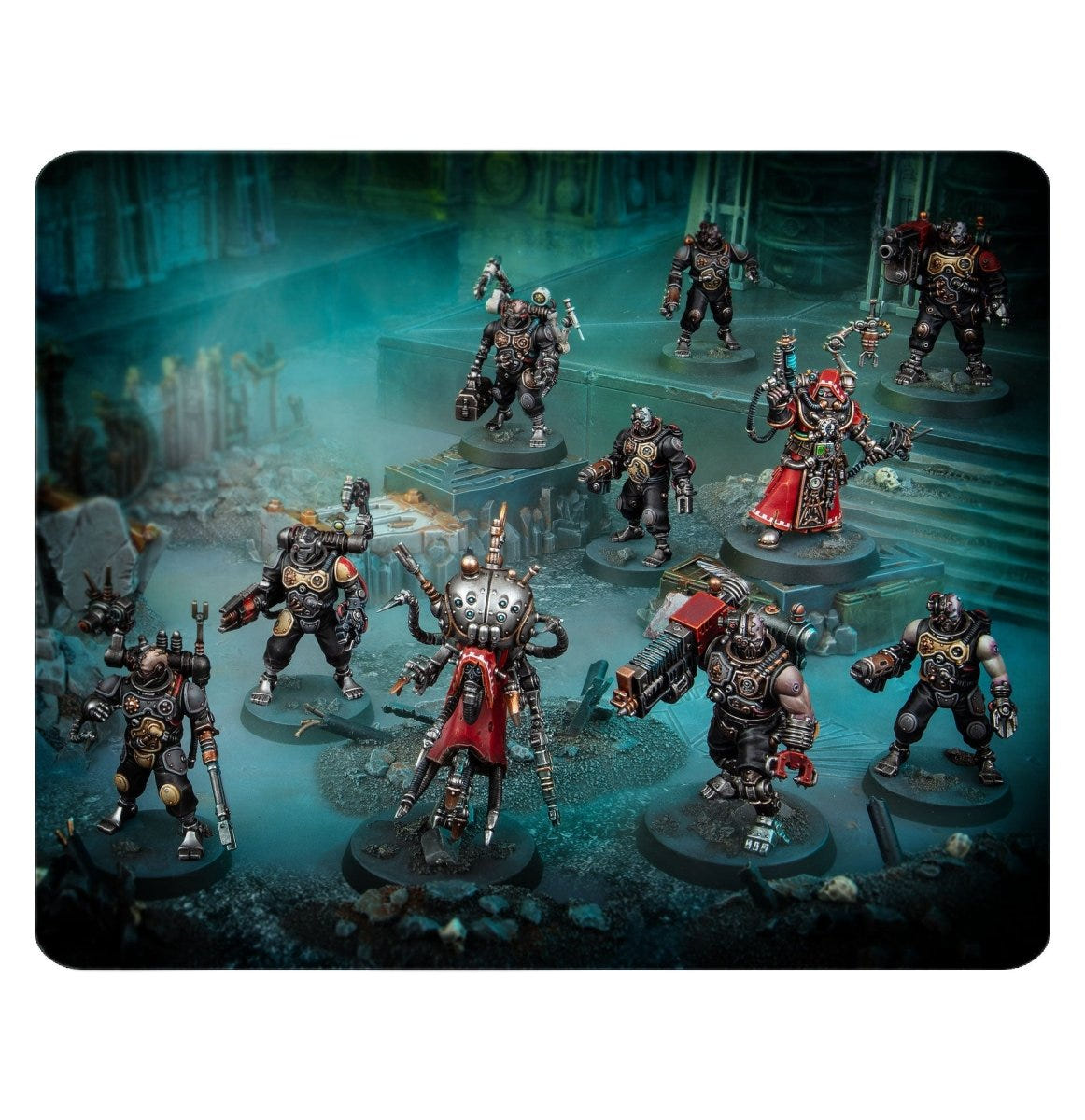 Painted Adeptus Mechanicus Battleclade kill team in a dark teal ruin