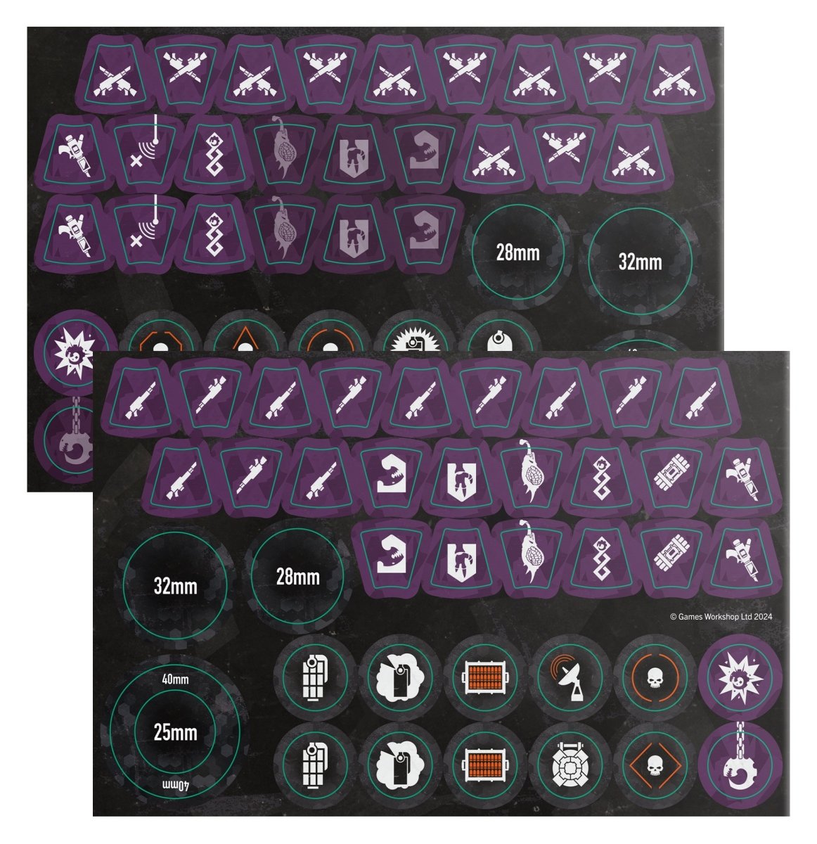 Kill Team Brood Brothers token sheets with purple equipment and marker tokens