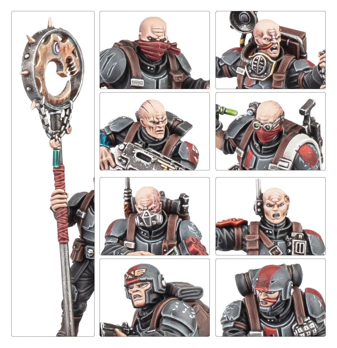 Close-ups of painted Brood Brothers heads, bandanas and a cult icon staff