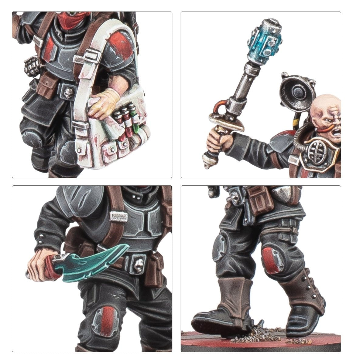 Close-ups of Brood Brothers details: medic pack, vox gear, knife and booted legs
