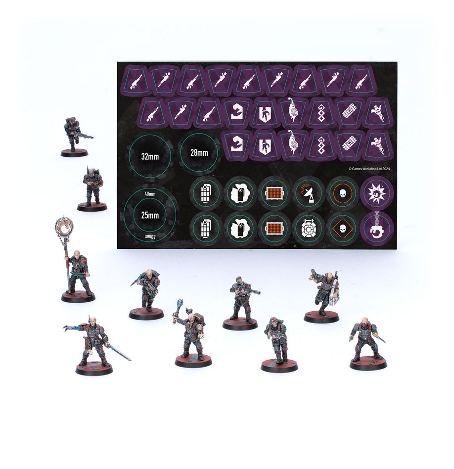 Painted Brood Brothers kill team shown with its sheet of purple Kill Team tokens