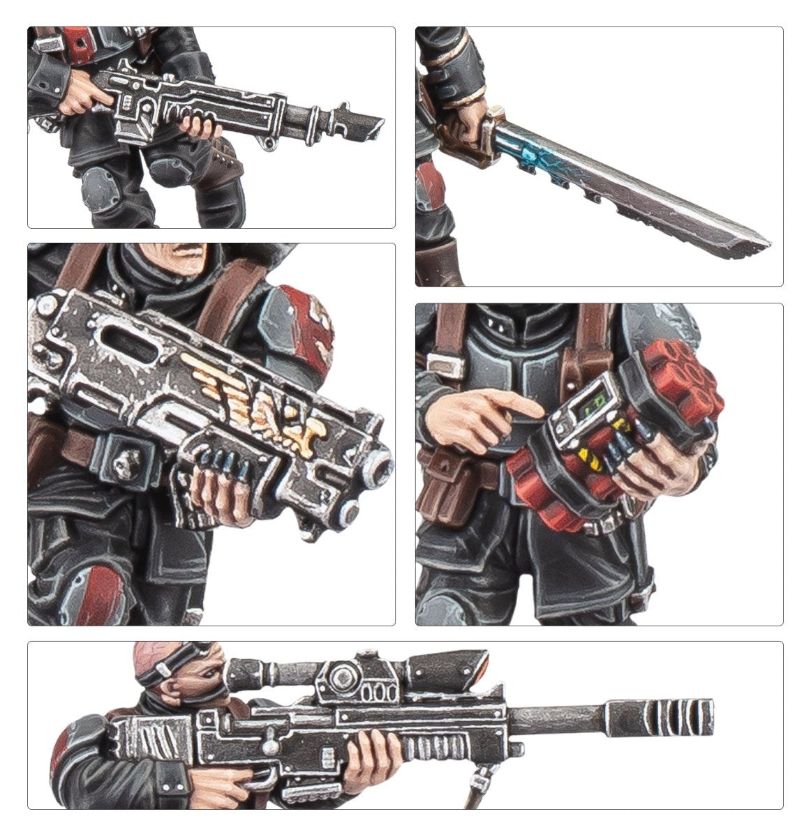 Close-ups of the Brood Brothers weapons, including lasguns, a sniper rifle and a blade