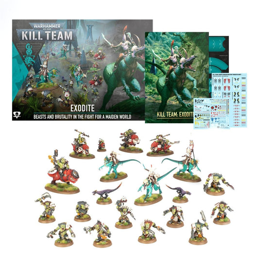 Warhammer Kill Team Exodite miniatures set shown on a white background, including the illustrated box, smaller art card, decal sheet, and multiple painted fantasy warrior miniatures on round bases.