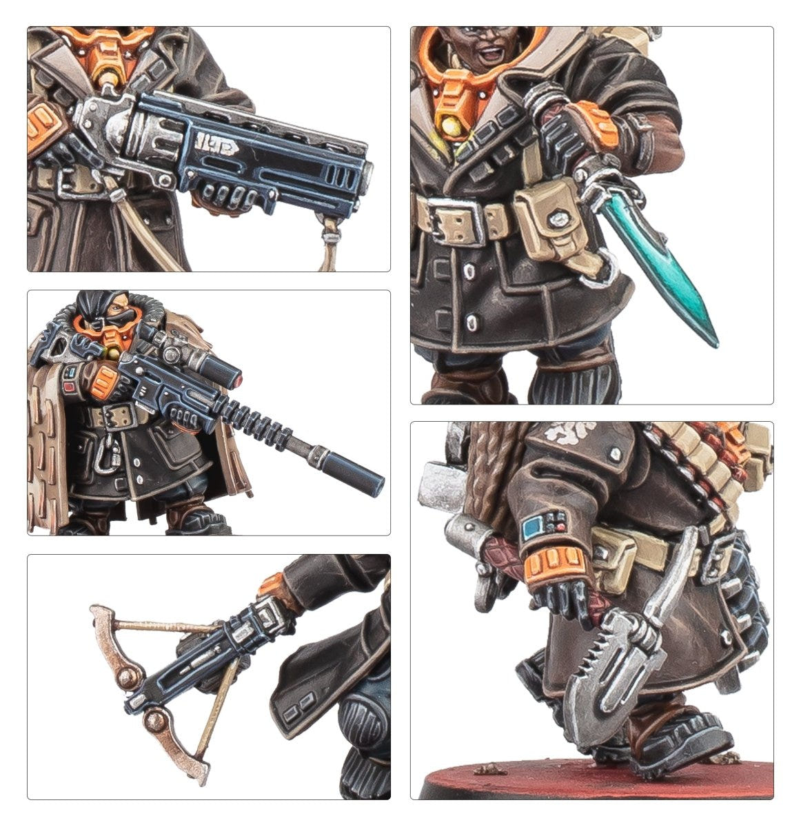 Close-ups of Hernkyn Yaegirs weapons: bolt revolver, rifle, crossbow and blade