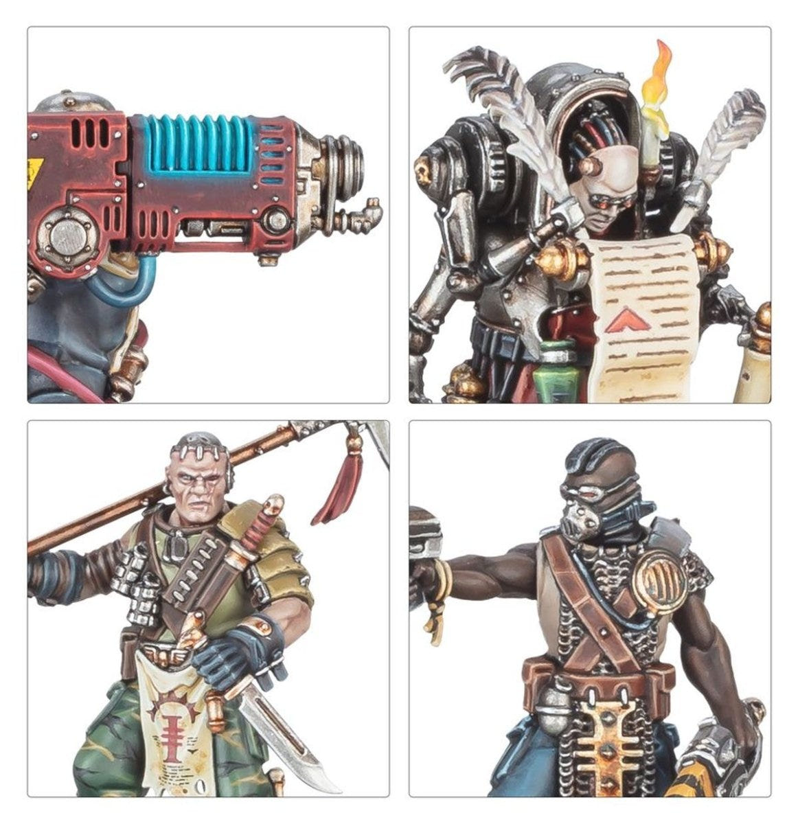 Close-ups of painted Inquisitorial Agents: plasma weapon, Autosavant with scroll and two veterans