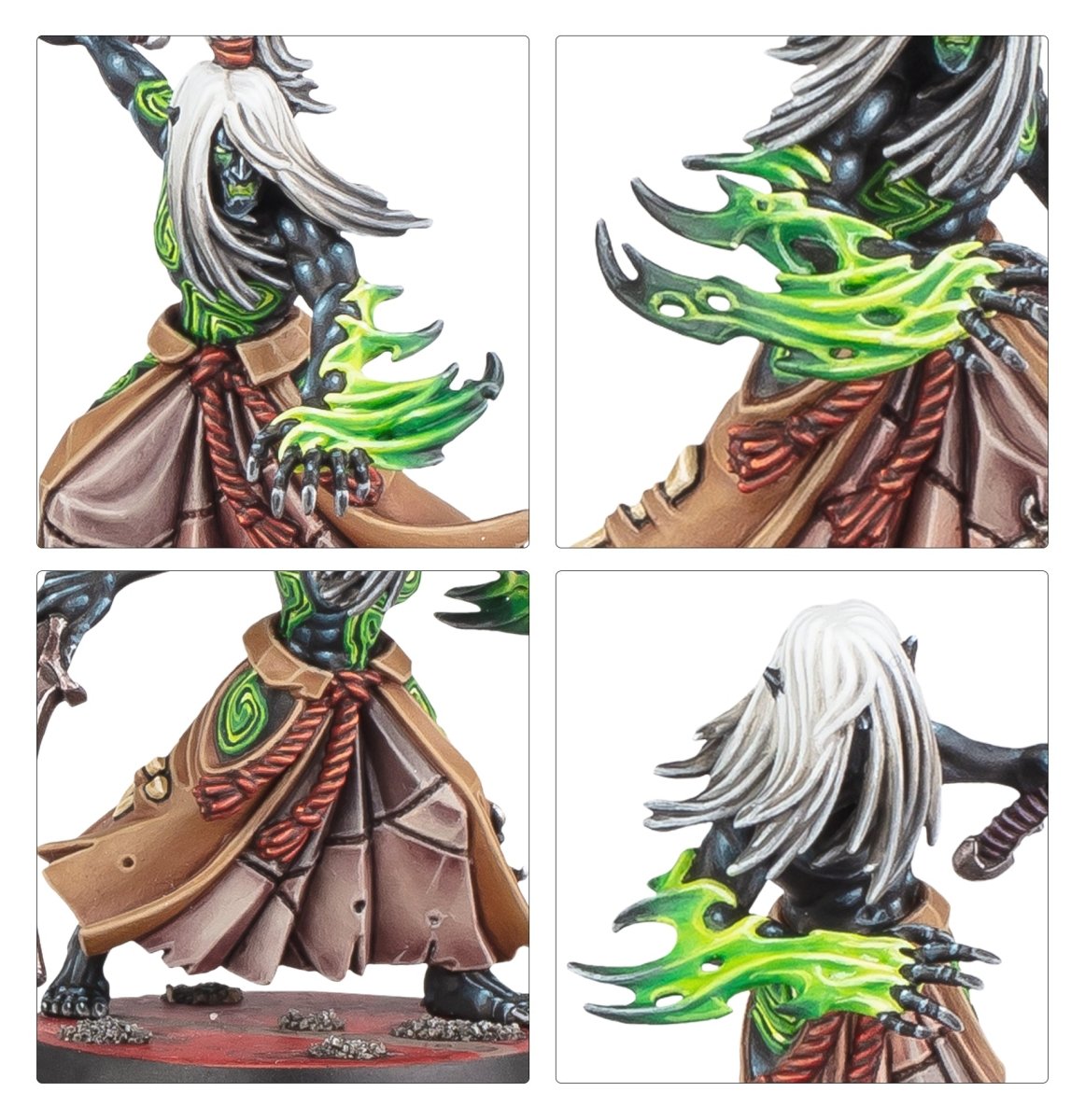 Close-ups of a painted Mandrake's face, robes and glowing green baleblast