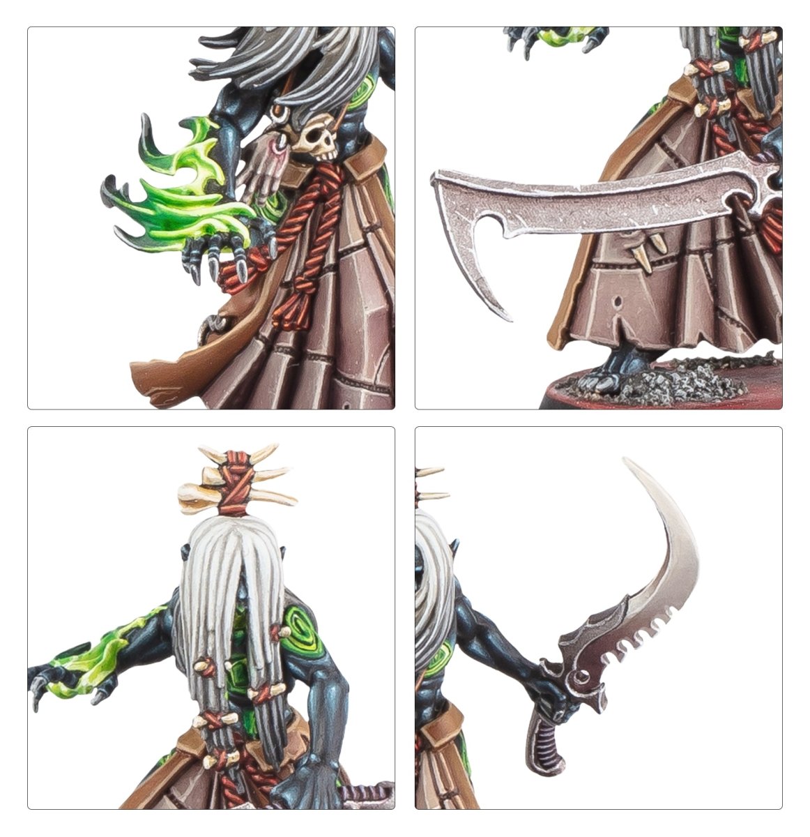 Close-ups of painted Kill Team Mandrakes: green flame hands, curved blades and bound hair