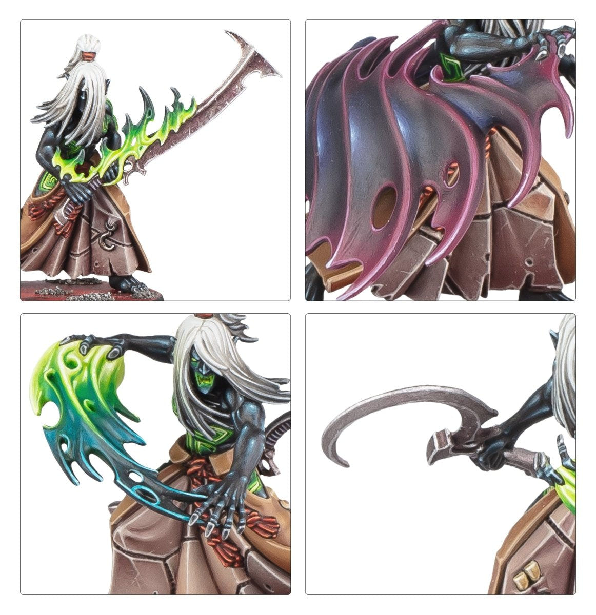 Close-ups of painted Mandrakes: glimmersteel blade, cloak, baleflame and sickle