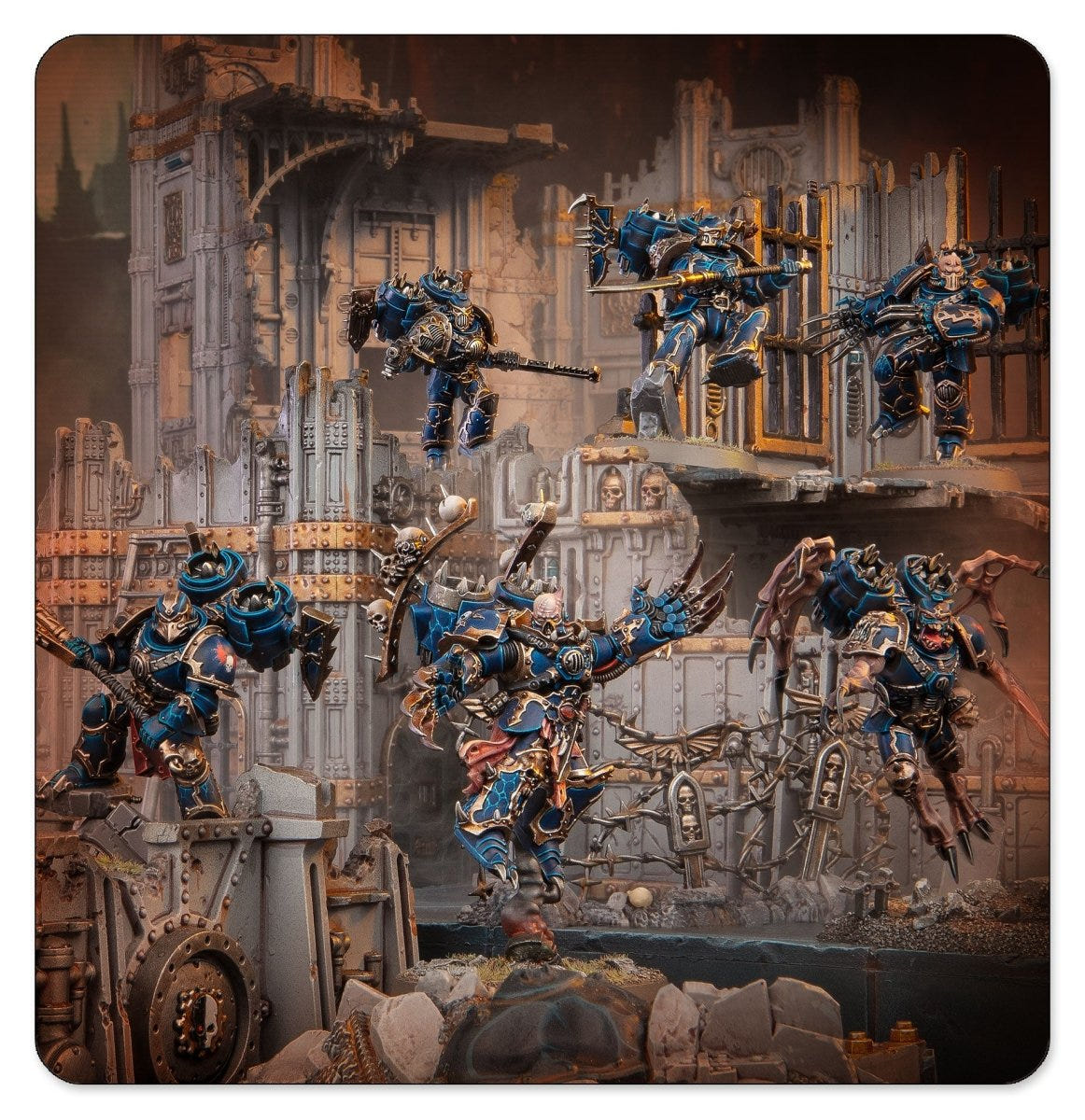 Painted Murderwing kill team leaping across a ruined gothic battlefield