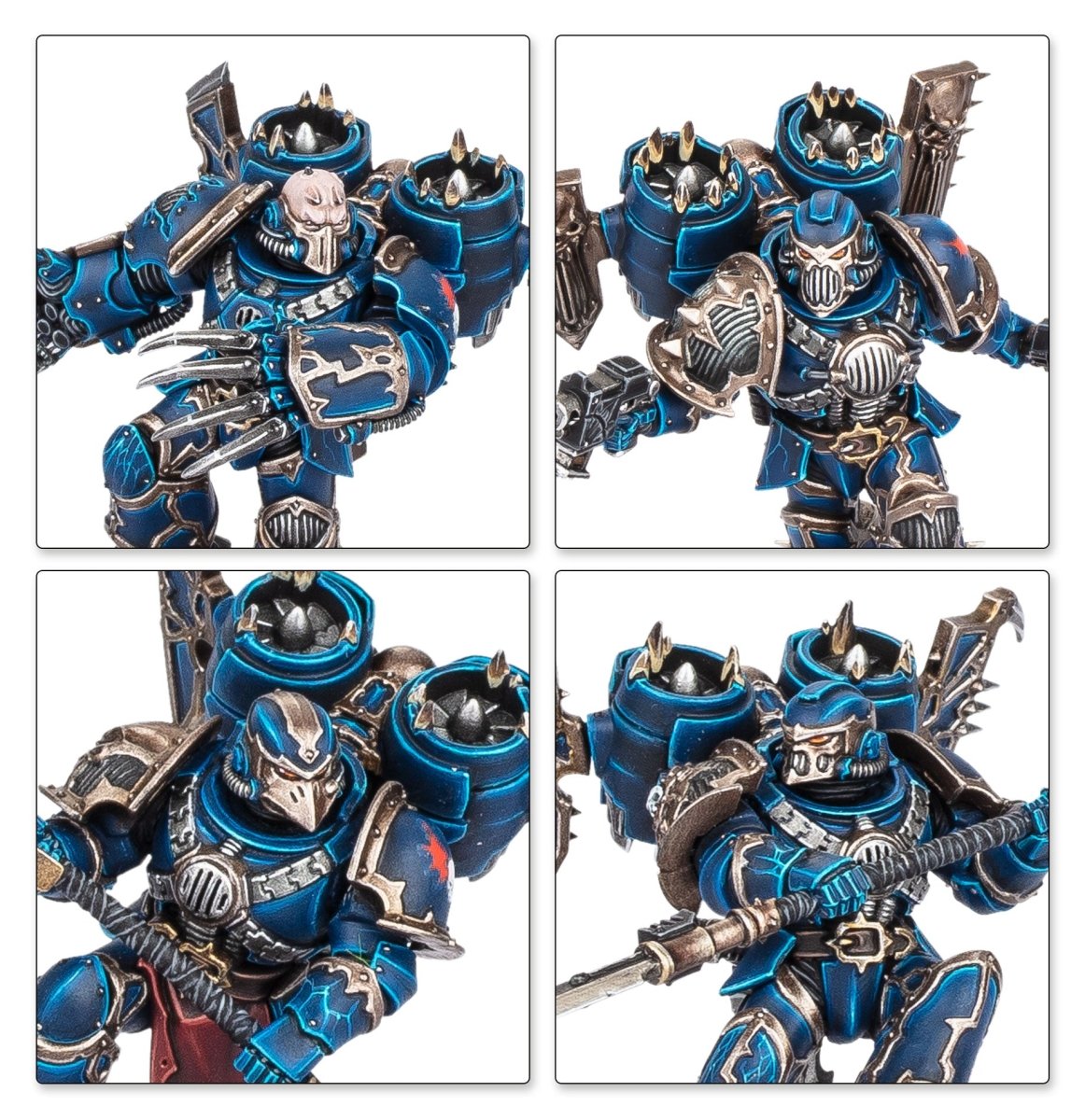 Close-ups of Murderwing Chaos Space Marines' helmets, jump packs and weapons