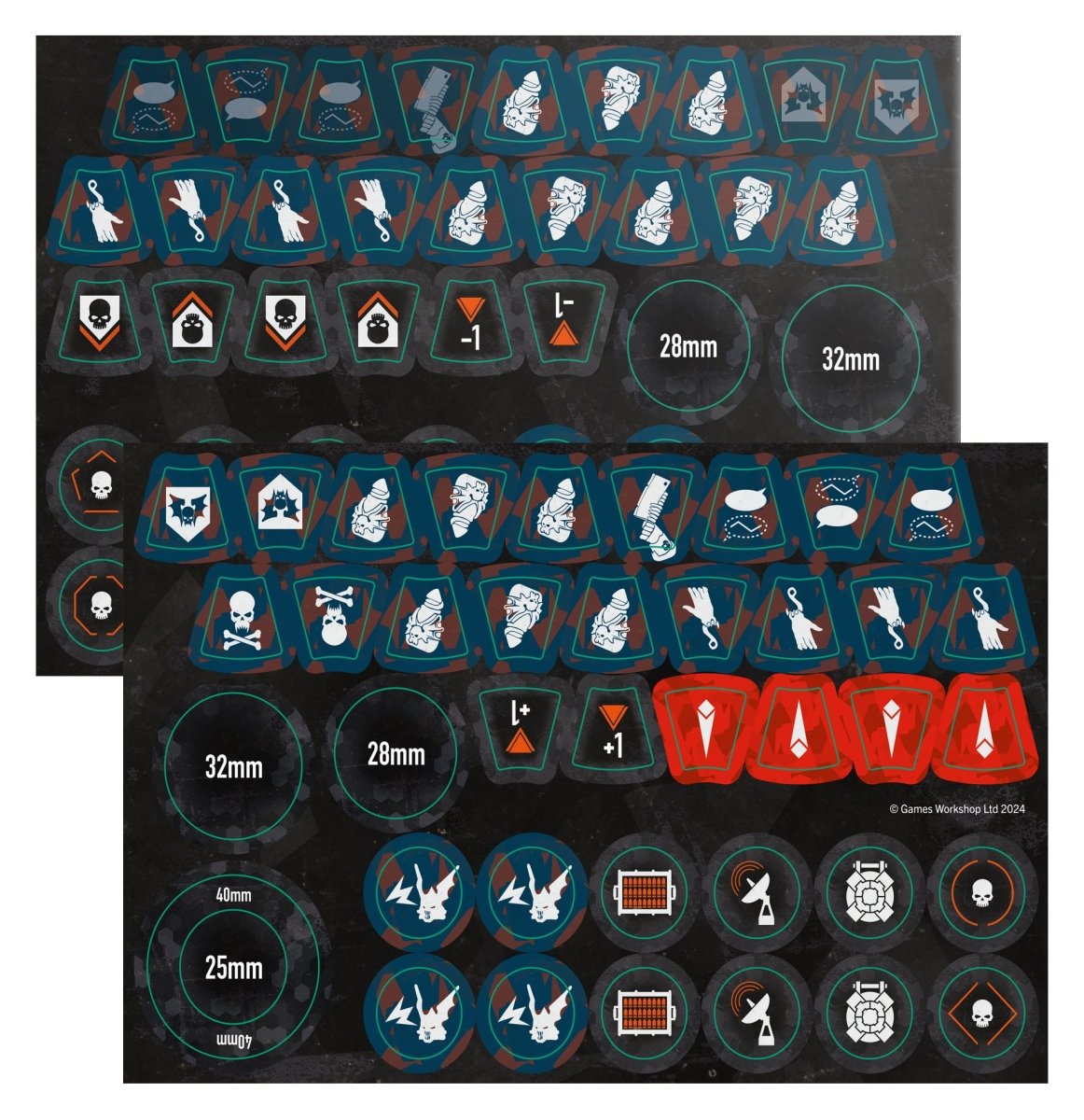 Kill Team Nemesis Claw token sheets with blue-rimmed marker and objective tokens