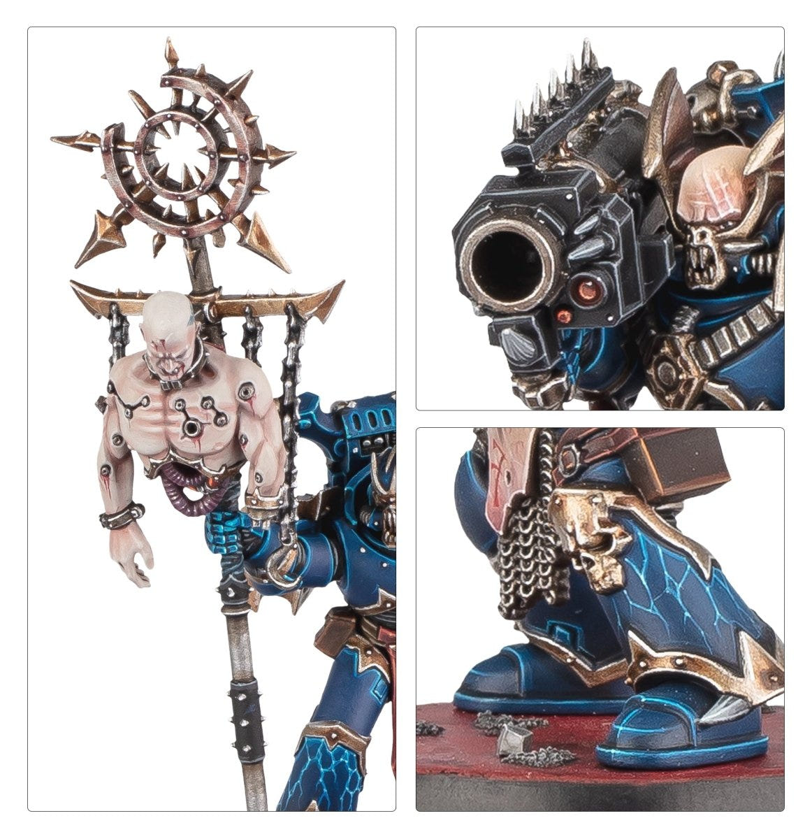 Close-ups of a Nemesis Claw icon bearer's flayed trophy and a spiked Night Lords helmet