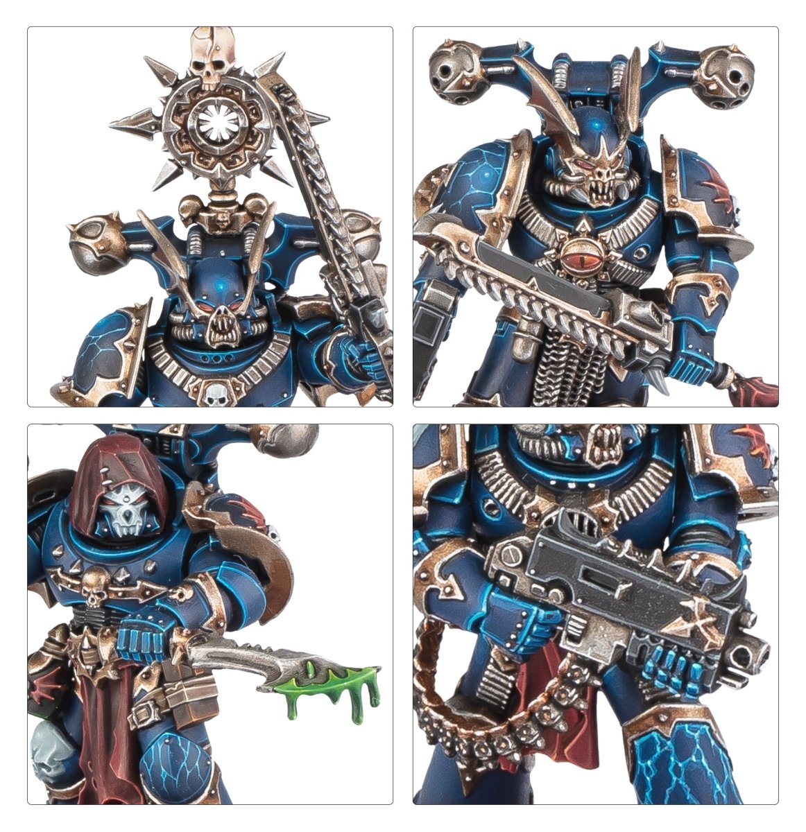 Close-ups of Nemesis Claw specialists with an icon, a heavy bolter and a Skinthief chainglaive