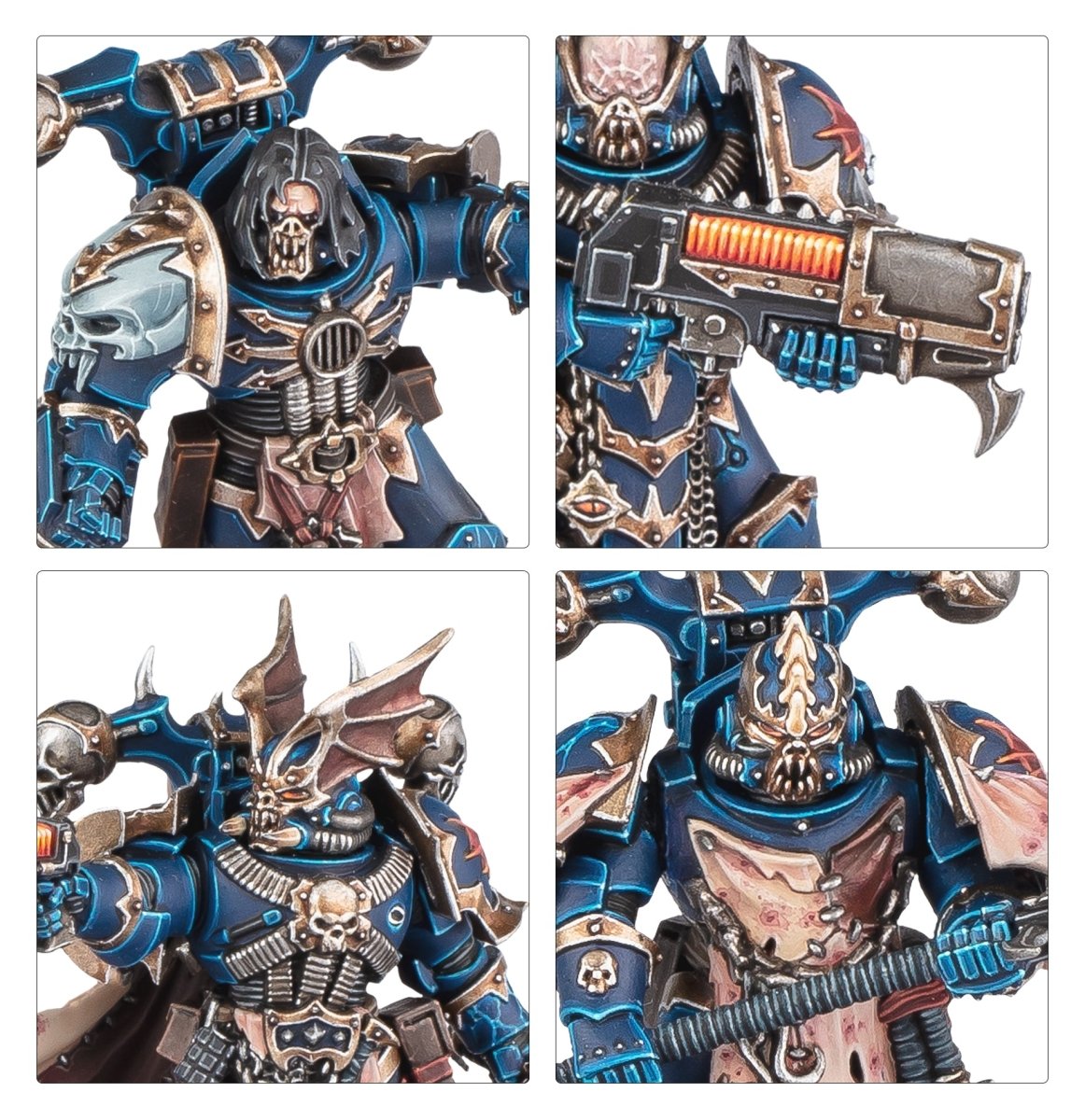 Close-ups of Nemesis Claw helmets, a skull face mask and a bolter in Night Lords blue