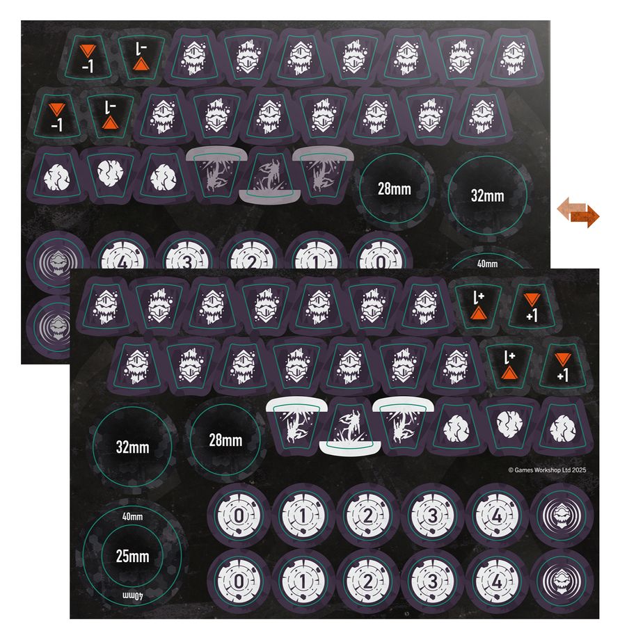 Kill Team Raveners token sheets with Tyranid markers and range tokens