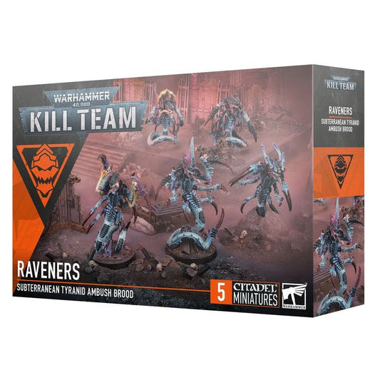 Box of Warhammer 40k Kill Team Raveners miniatures on a white background