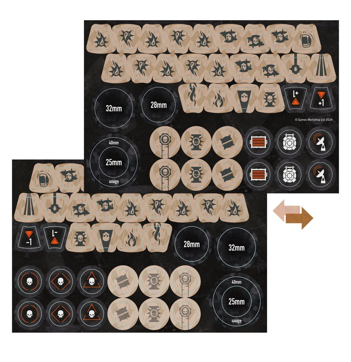 Kill Team Sanctifiers parchment-coloured token sheet, the reverse side of the double-sided tokens