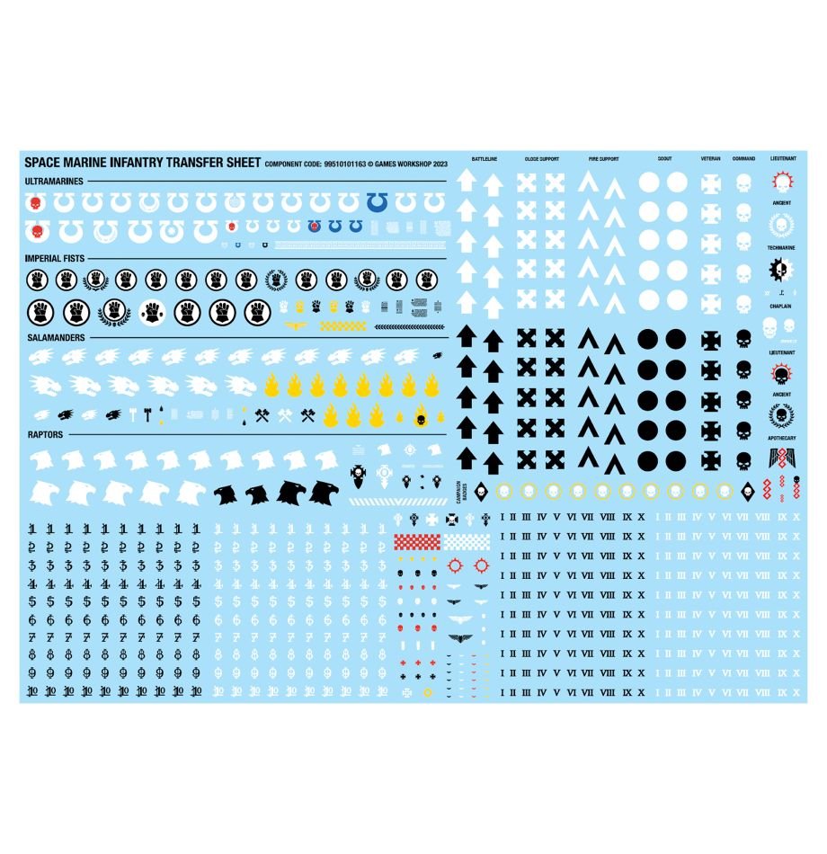 Space Marine infantry transfer sheet with Chapter badges, squad markings and numerals