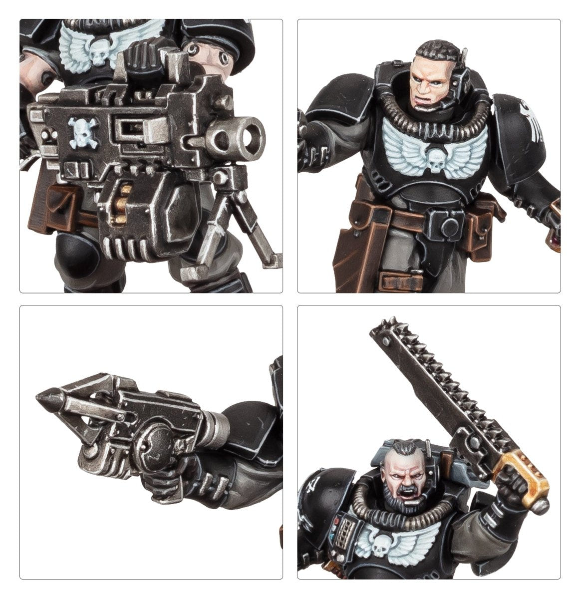 Close-ups of Scout heads, a bolt pistol, a combat knife and a chainsword