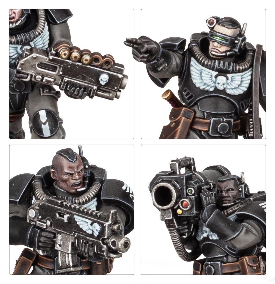 Close-ups of Scouts with shotgun, sniper scope, bolt carbine and missile launcher