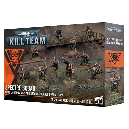 Warhammer 40k Kill Team 'Spectre Squad' 11 Citadel Miniatures figurines box, showing the product packaging with painted miniatures and orange accent panels on a white background.