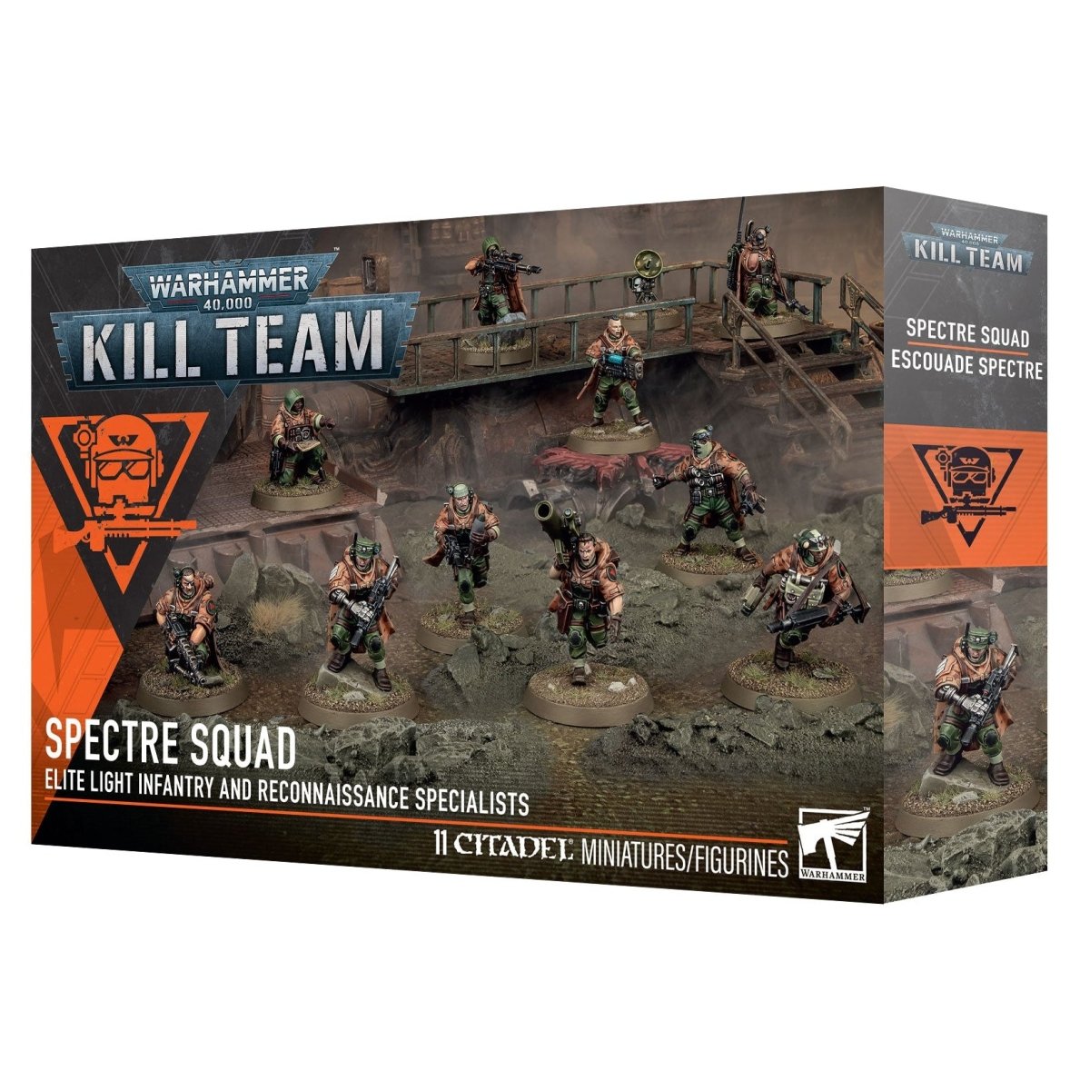 Warhammer 40k Kill Team 'Spectre Squad' 11 Citadel Miniatures figurines box, showing the product packaging with painted miniatures and orange accent panels on a white background.