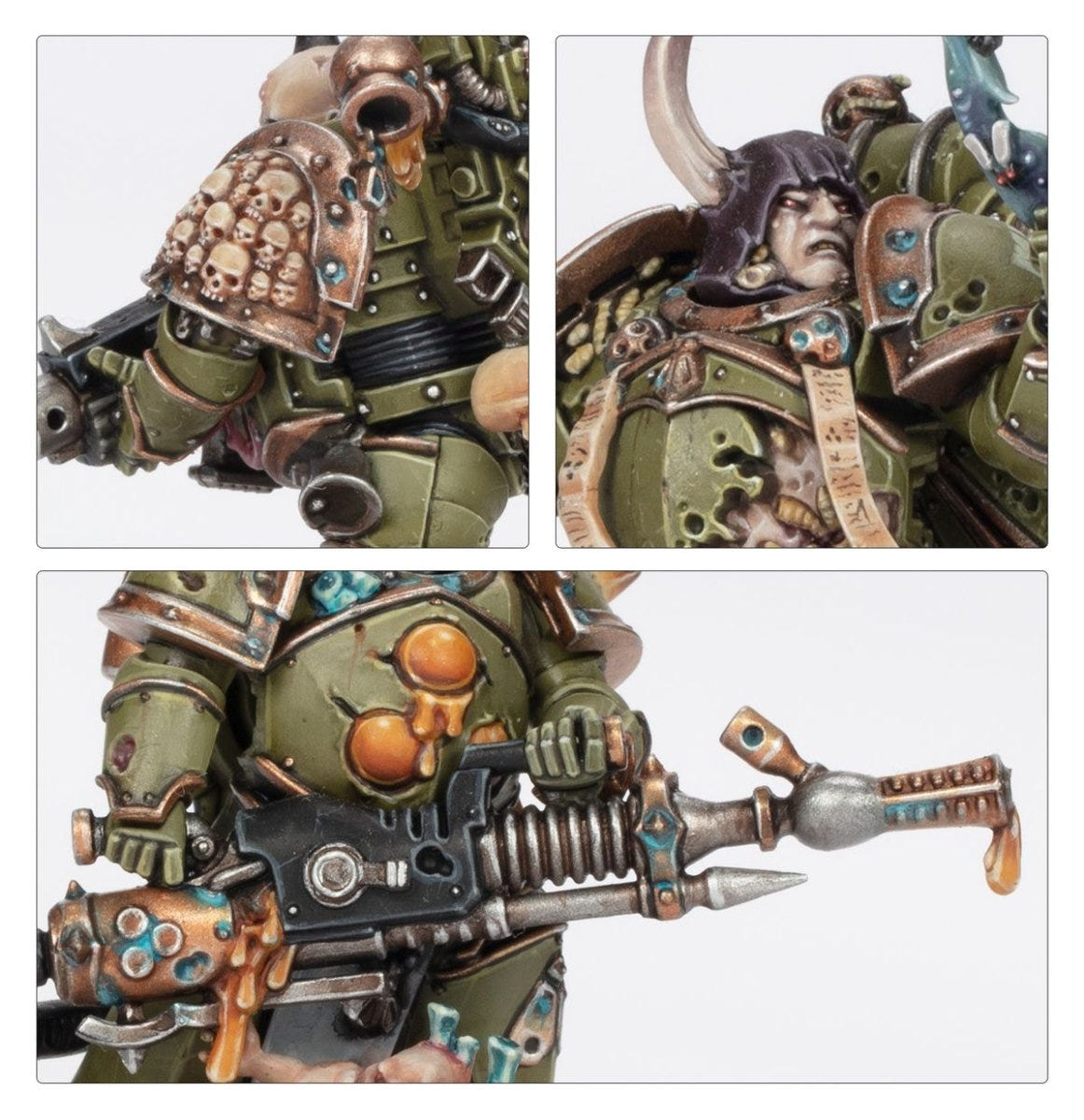 Close-ups of Kill Team Plague Marines corroded armour, horned helmet and plague weapon