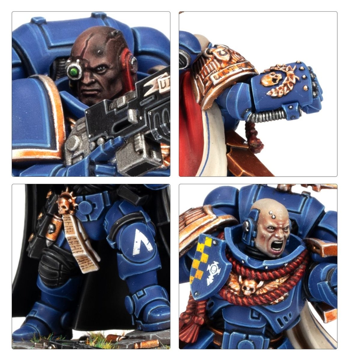 Close-ups of the Kill Team: Starter Set Space Marines: scarred heads, shoulder heraldry and bolt rifle