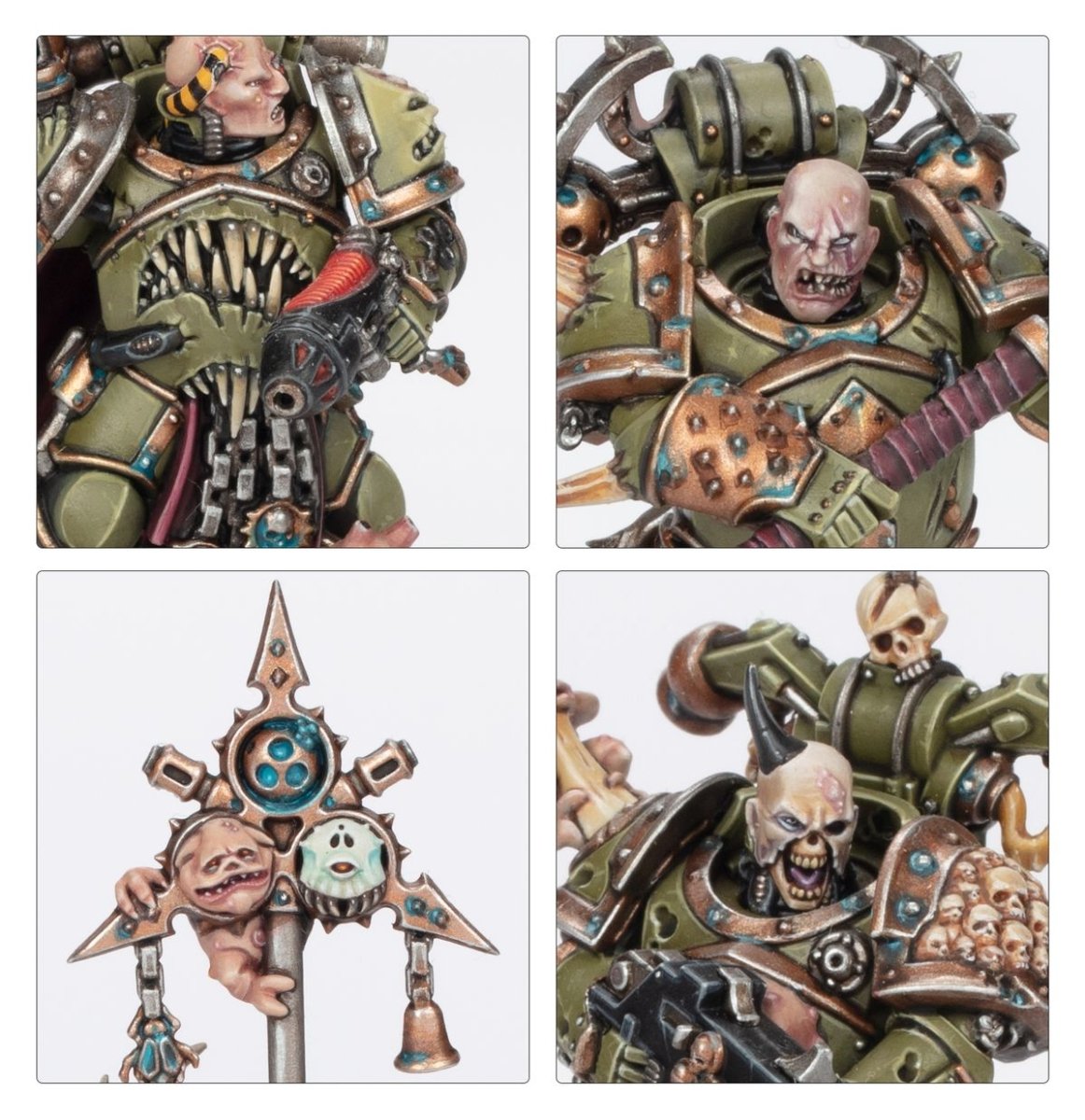 Close-ups of Kill Team Plague Marines faces, icon of contagion and rotting details