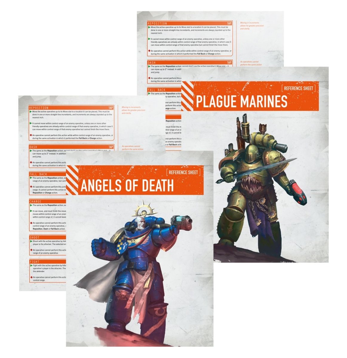 Kill Team: Starter Set reference sheets for the Angels of Death and Plague Marines teams