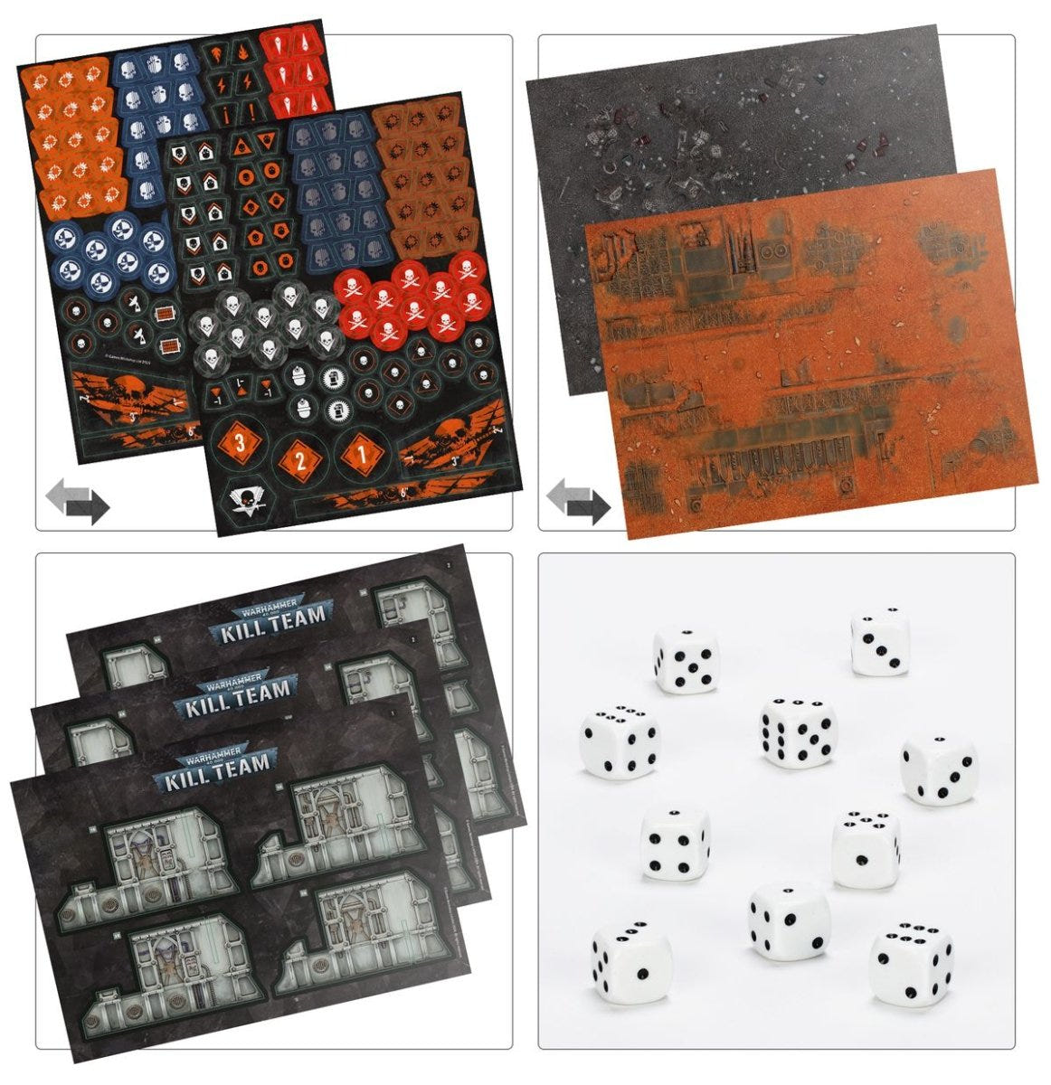 Kill Team: Starter Set tokens, double-sided game board, rules cards and ten white dice