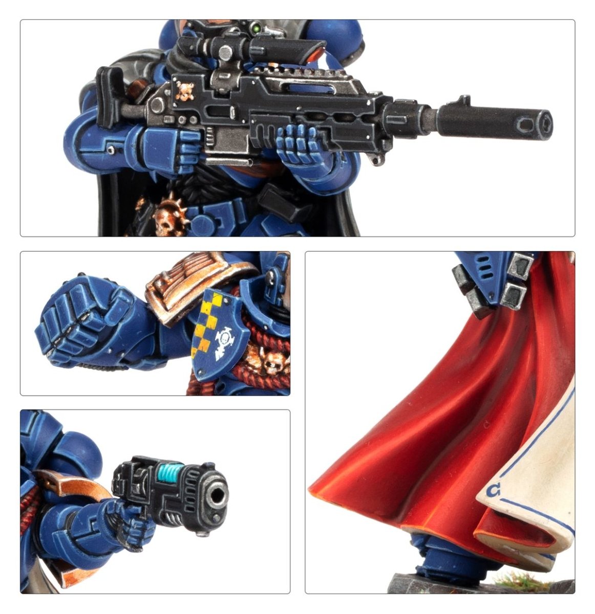Close-ups of Kill Team Space Marines weapons, power fist, plasma pistol and red cape