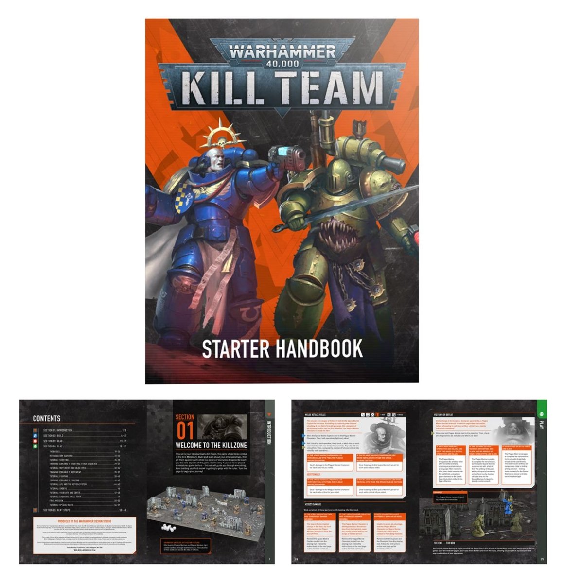 Kill Team: Starter Set starter handbook cover with a Space Marine and Plague Marine, plus inside pages