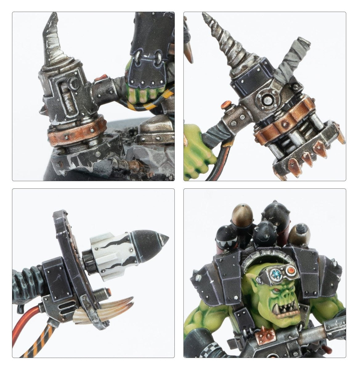 Wrecka Krew detail shots of drill weapons, rokkit and a goggled Ork Tankbusta face