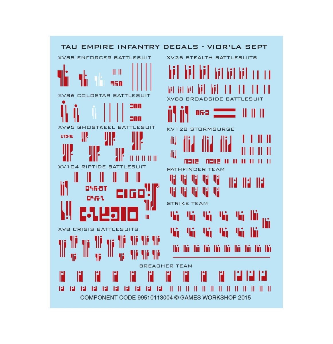 T'au Empire Vior'la sept infantry transfer sheet with red battlesuit markings