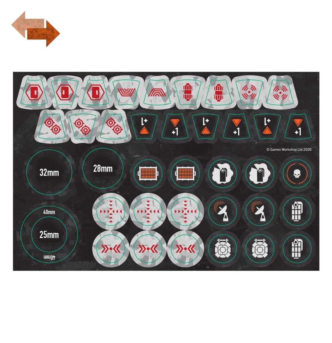 Kill Team XV26 Stealth Battlesuits token sheet with red and white game markers