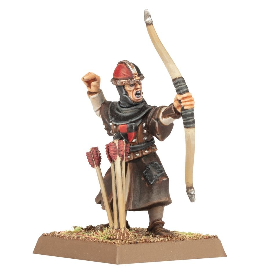 Painted Bretonnian Peasant Bowman in red and black hood drawing a longbow