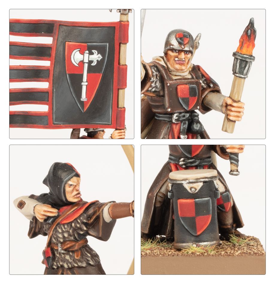 Close-ups of Peasant Bowmen banner, torch bearer, archer and musician details