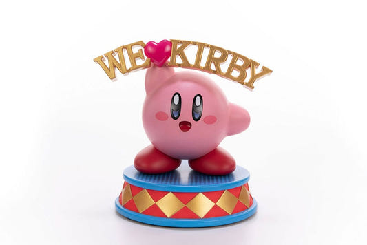 First 4 Figures We Love Kirby resin statue, front view holding the gold We Heart Kirby sign