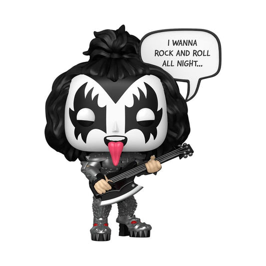 Funko Pop! Rocks KISS The Demon with bass guitar and I Wanna Rock and Roll speech bubble