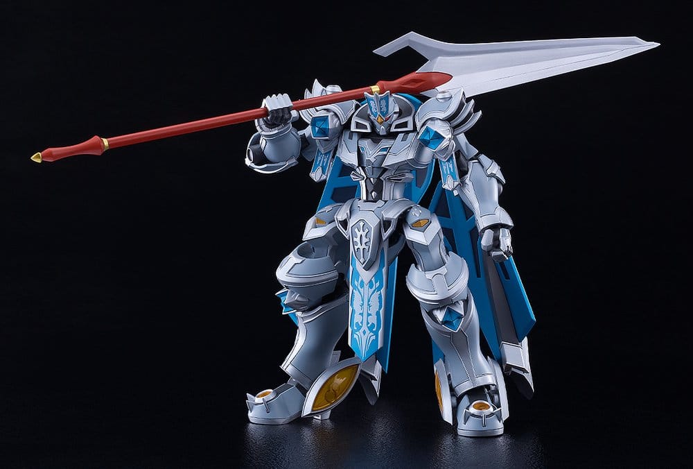 Built Gilbatiga Moderoid kit in silver and blue holding its halberd, black backdrop