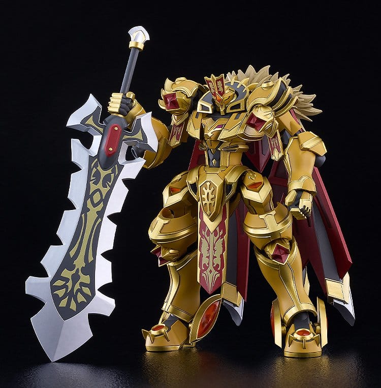 Built Goldleo Moderoid kit in gold and red holding its long sword, black backdrop