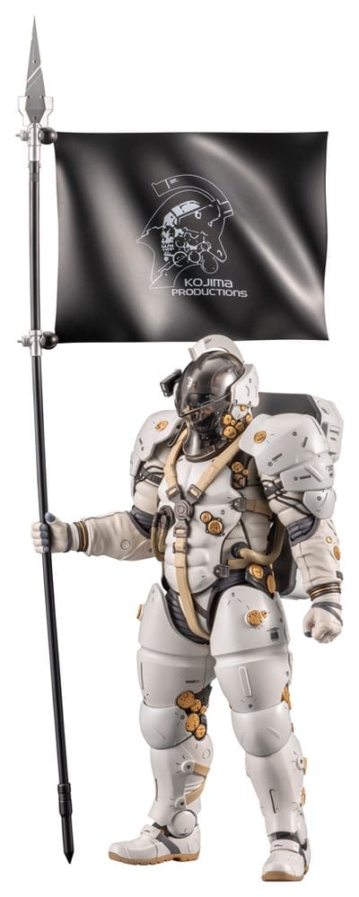 Kotobukiya Kojima Productions Ludens plastic model kit holding a flag spear, front view on white