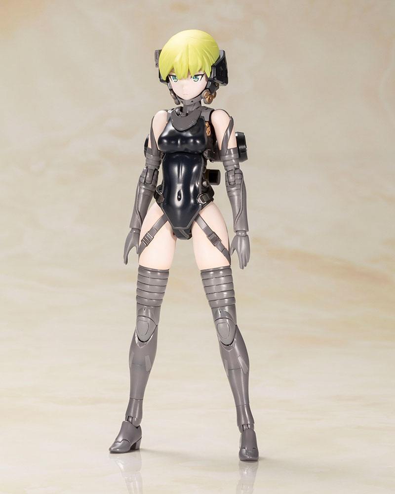 Kojima Productions Ludens model kit front view of unarmoured body in black bodysuit and grey stockings