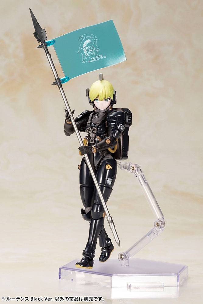Ludens Black Ver. kit posed on clear stand holding the clear teal spear flag variant