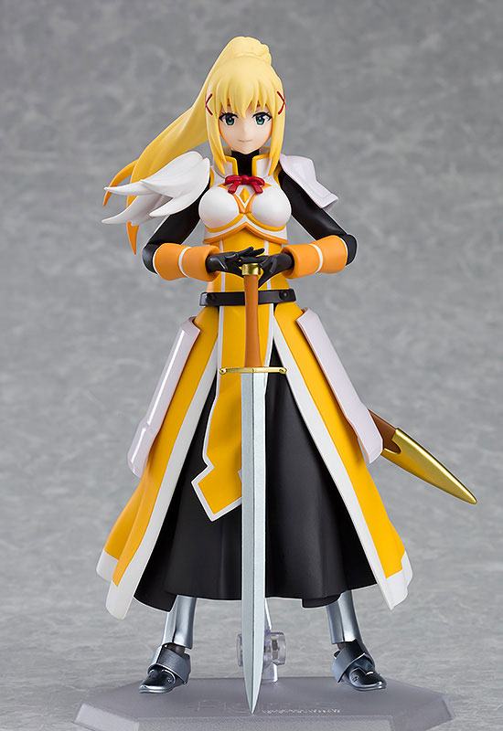 KonoSuba figma Darkness front view on a clear stand, hands resting on her sword hilt